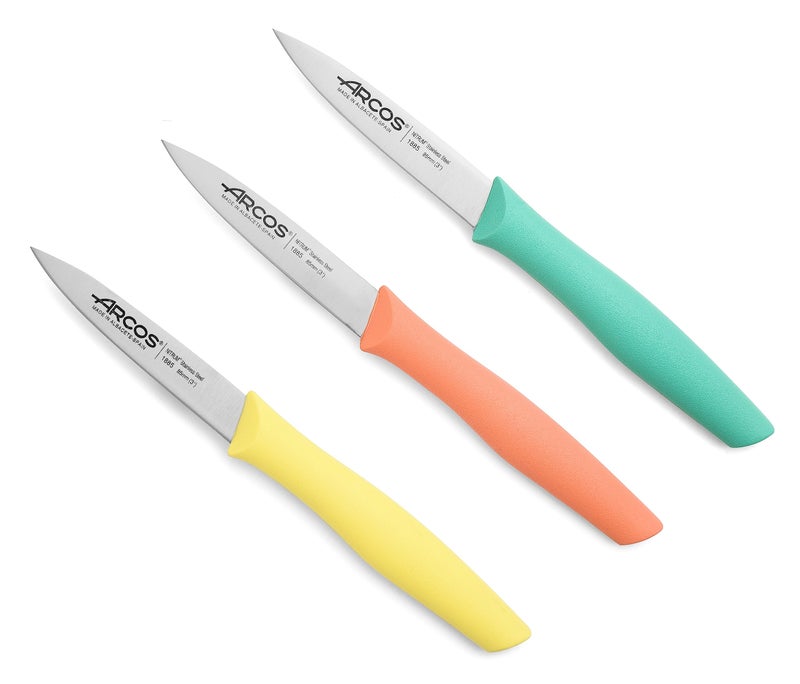 Arcos Paring Knife Set of 3 Pieces 4 Inch Stainless Steel. Colorful Kitchen Knives for Peeling Fruits and Vegetables. Ergonomic Polypropylene Handle. Series Nova. Color Orange, Yellow and Blue. - Image 1